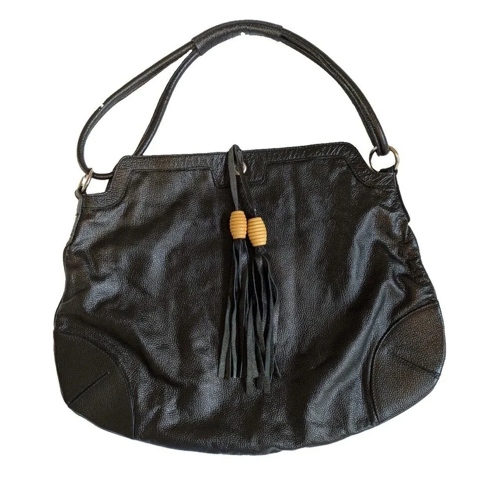 Elen Gotti Black Italian Leather Large Hobo Bag With Tassels